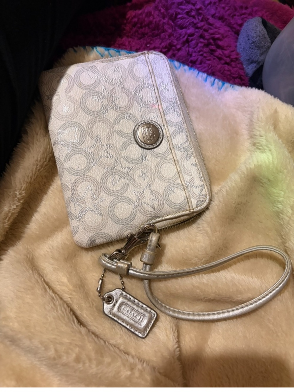 Coach Metallic Silver Signature Wristlet Wallet with Charm